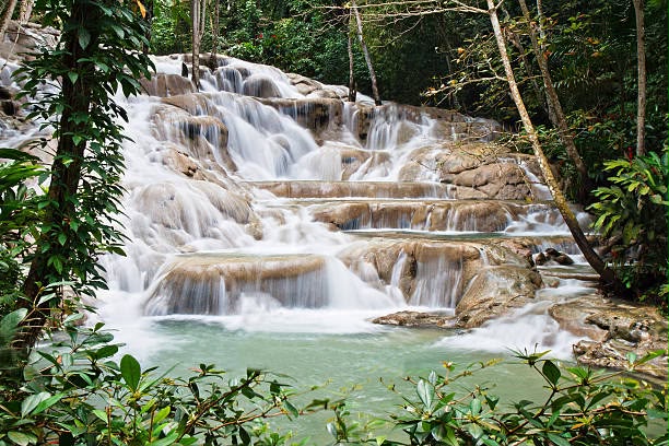 Tiered cascading rock waterfall at Dunn's River Falls