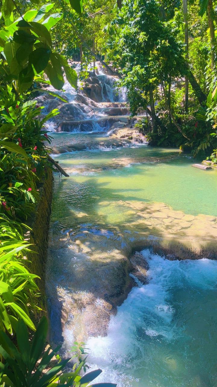 Tiered turquoise pools and a lush waterfall in the Jamaican interior